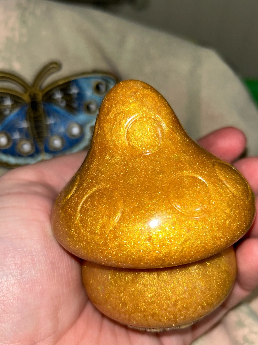 Sparkly Gold Colored Resin Whimsical Fairy Mushroom Decor Figurine